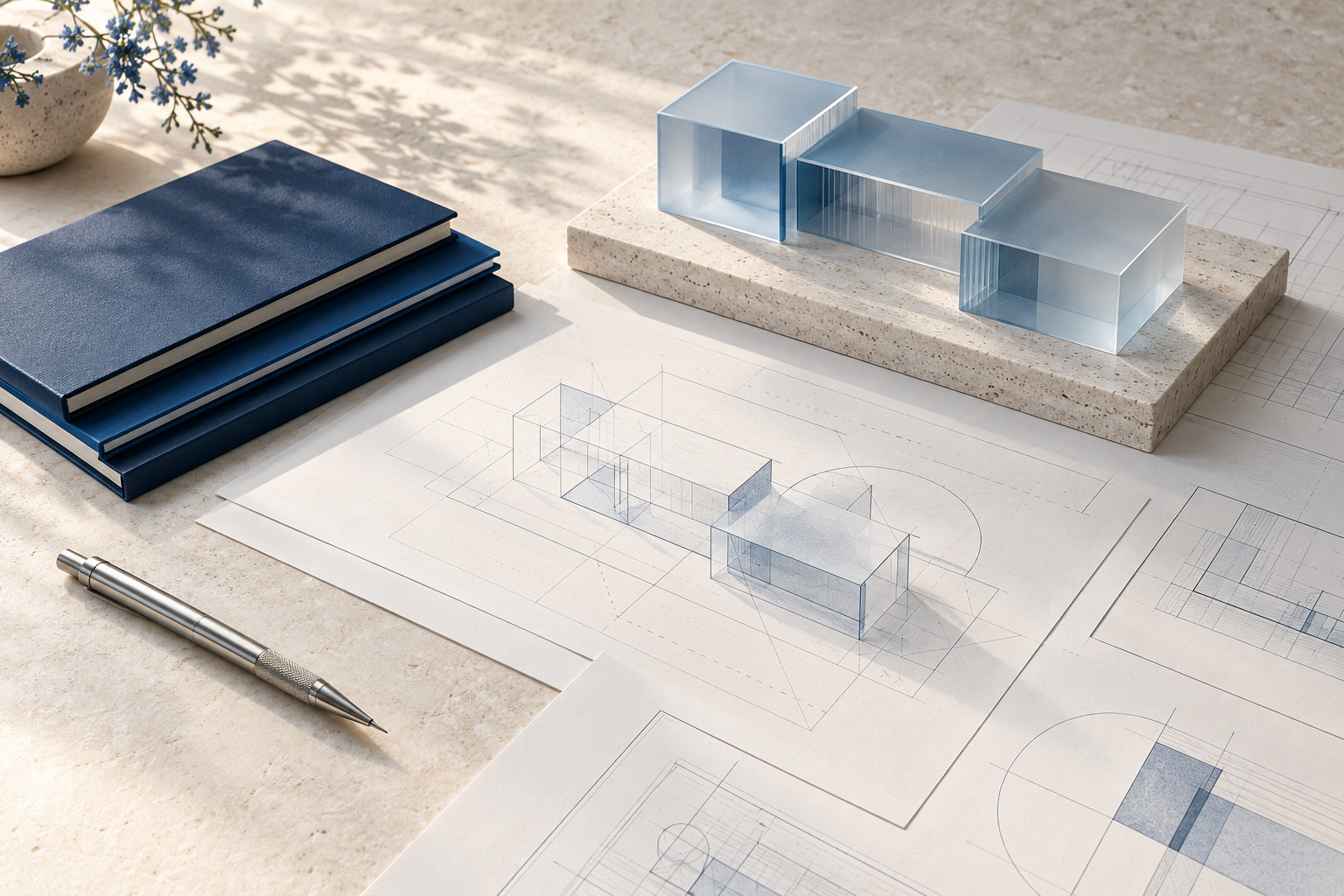 Drafting sheets and an architectural model for a considered product plan